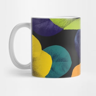 Vibrant exotic flowers and leaves textural print. Colorful vibrant Hibiscus flowers on dark background. Vibrant summer tropical composition Mug